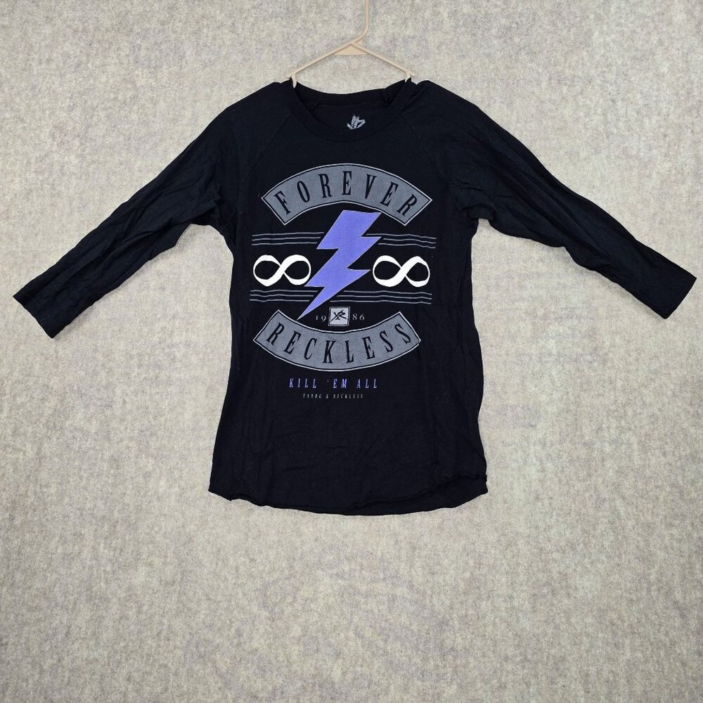 Young & Reckless Black Graphic Raglan Shirt Size M 100% Cotton 3/4 Sleeve Y2K